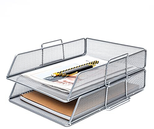 EXERZ Letter Trays 2pcs Stackable Paper Sorter/Desk Organiser/File Tray for Desk - Wire Mesh Metal File Rack - Office, School, Home Study (EX63574-2SILVER)