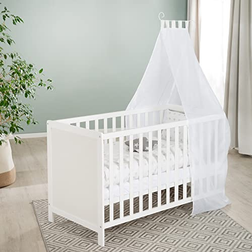 roba Multifunktionell säng, stjärnor grå med sidofunktion, ribbotten, madrass, sängreducering, himmel, himmelsstång, barnsäng, sängsäng, babysäng, höjdjusterbar, liggyta 60 x 120 cm, vit