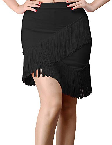 YM YOUMU Falda de baile latino con borla para mujer, cintura elástica, flecos irregulares, minifalda para salsa, rumba baile, tango práctica, Negro, Large