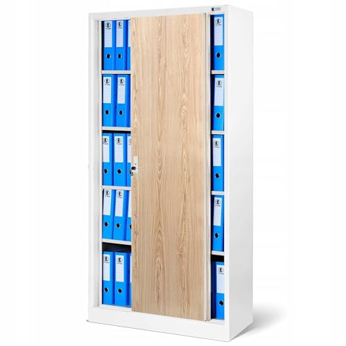 Jan Nowak Armadio per ufficio Archivio con Ante Scorrevoli Metallo 4 Ripiani Verniciatura a Polvere Bloccabile 185 cm x 90 cm x 40 cm (Bianco-Aspetto Legno)