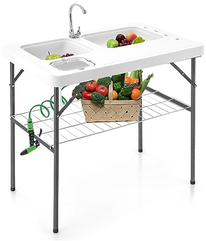Goplus 40'' Folding Fish Cleaning Table with Dual Water Basins, Faucet Drainage Hose & Sprayer, Portable Camping Sink Table, Outdoor Fish Fillet Cleaning Station with Grid Rack for Picnic