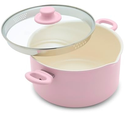 GreenLife 6QT Ceramic Nonstick Stockpot with Glass Straining Lid, PFAS-Free, Dishwasher Safe, Stay-Cool Handles, Oven Safe to 350°F, Wobble-Free Base, Even Heating, Pink