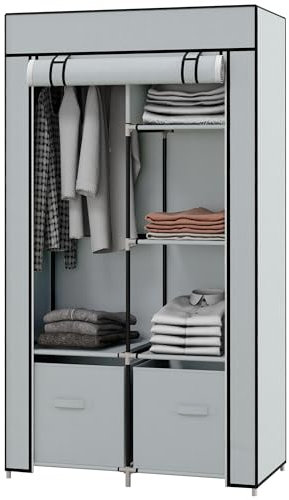 HOMCOM Kleiderschrank Stoffschrank mit 5 Fächern, Kleiderstange, Reißverschluss Faltschrank Stoffkleiderschrank für Schlafzimmer, Ankleidezimmer, 150 x 45 x 175 cm, Hellgrau