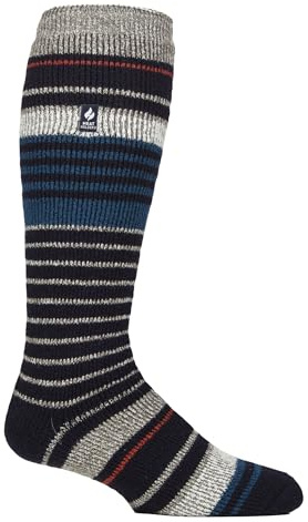 HEAT HOLDERS - Mens Thick Extra Long Striped 2.3 TOG Winter Thermal Knee High Ski Socks (UK, Alpha, One Size, Regular, Regular, Navy/Grey)