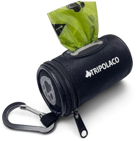 TRIPOLACO Kotbeutelspender, Hundekotbeutelspender aus weichem Stoff mit Karabiner, kompatibel mit Allen Leinen, Kotbeutelhalter für Standard-Kotbeutel, Schwarz