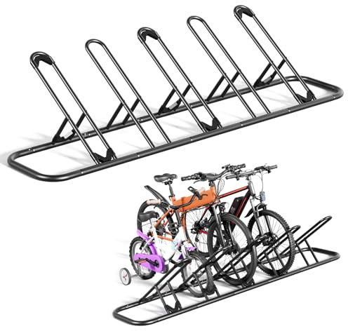 Mr IRONSTONE Floor Bike Rack for Garage, Indoor/Outdoor Storage Stand, Bicycle Parking Rack for Mountain, Road and Kids Bikes (Black, 5-Slot)