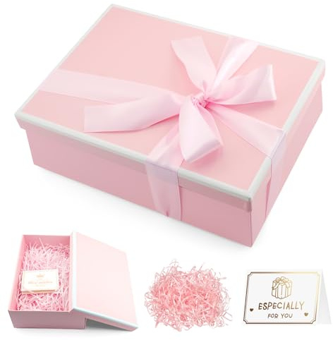 Pink Gift Box with Lid, 25x18x9cm Medium Cardboard Gift Box with Ribbon Card Shredded Paper, Foldable Present Box for Weddings, Valentines, Birthdays, Anniversaries (Pink)