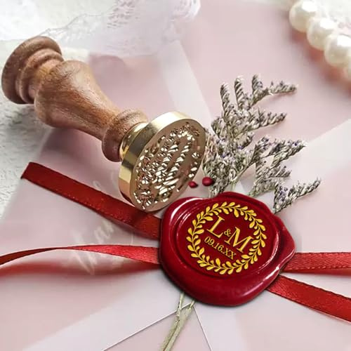 Tampon de cire personnalisé, personnalise ton logo, initiales, date avec design de couronne de laurier pour invitations de mariage, enveloppes, bricolage, tête en laiton et manche en bois (30 mm)