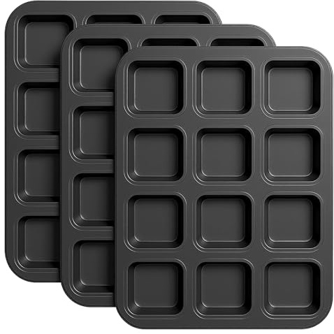 FUNSUEI 3PCS 12 Cavity Non-Stick Carbon Steel Brownie Pan, Square Baking Tin with 6.5x6.5cm Molds, Professional Bakeware for Mini Cakes Muffin