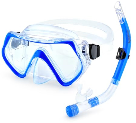 Two Bare Feet Adult PVC Snorkel & Mask Set – Anti-Fog Tempered Glass Diving Mask with Adjustable Snorkel for Snorkelling, Swimming & Scuba Diving