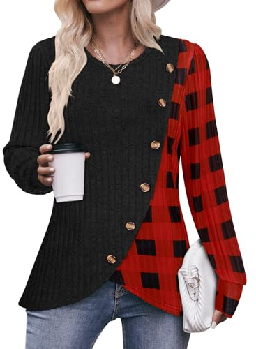 Flikity Women's Christmas Jumpers Fashion Plaid Tops for Women Long Sleeve Top Ladies Lightweight Sweaters Going Out Tops Womens Spring Autumn Winter Tunic Clothes M