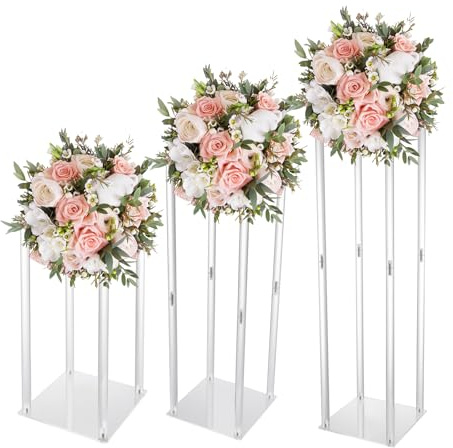Vaso in acrilico, 3 pezzi, trasparente, decorazione per la casa, vasi di fiori, colonna geometrica, display con piastra acrilica, 20 x 20 x (40 cm/60 cm/80 cm)