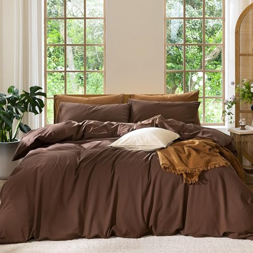 MOOMEE Bedding Duvet Cover Set - 100% Washed Cotton Linen Like Textured Breathable Durable Soft Comfy Bedding Set with Hidden Zipper Closure(Solid Cocoa Brown,King Size)