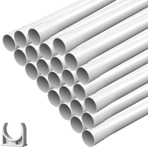 Tubo de instalación M20, manguito de instalación de 24 m, tubo de cable rígido de PVC, difícil, inflamable, tubo de cable con 50 abrazaderas de cable, tubo de 20 mm para instalación en superficie