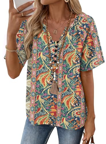 Rapbin Ladies Tops and Blouses: Ethnic Cotton Linen Tops for Women Summer Boho Top V Neck Short Sleeve Beach Clothes Dressy Casual Peasant Blouses L