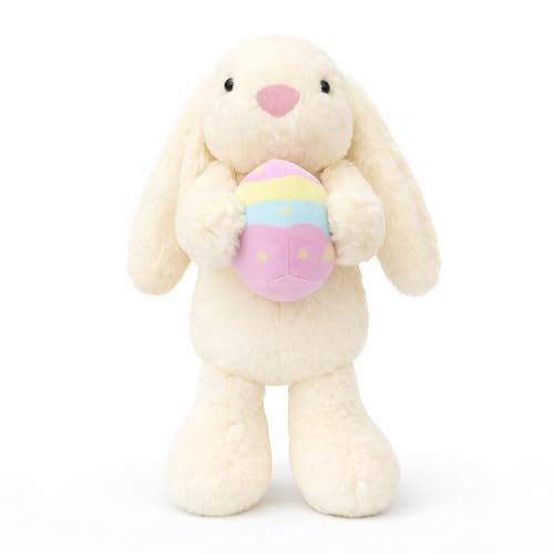 Aqushymallow Cow Easter Bunny Plush Toy with Easter Egg, Soft Fluffy Beige Rabbit Stuffed Animal Easter Basket Fillers for Spring & Holiday Decor (Easter Egg)