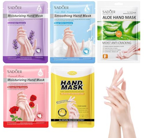 Mascarilla para Manos,5 Pares Guantes de Manos Hidratantes,Miel Lavanda Rosa Leche De Cabra Aloe Guantes Mascarilla Reparadores,Hidratación y Reparación para Secas y Agrietadas