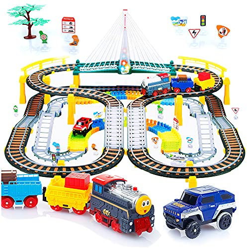 Train électrique avec Circuit Automobile de Course pour Enfants, Voies ferrées, Circuit pour Voitures, Train à Batterie, 2en1, Train Electrique Enfant KP0635
