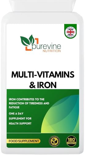 Purevine Nutrition - High Strength Multivitamins with Iron – 180 Tablets – Supports Energy, Immunity & Overall Health - Made in The UK