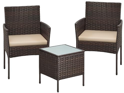 SONGMICS 3-Piece Garden Furniture Set, Outdoor PE Rattan Conversation Sets | Outdoor Patio Conversation Sets Patio Garden Furniture, Lounge Set with Table and 2 Chairs for Balcony Deck, Tan GGF031K01