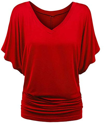 TIMEMEAN Femme Blouses Chemise à Manches Chauve-Souris Et Ourlet Replié Tunique De Couleur Unie à Manches Courtes Et Col en V De Grande Taille