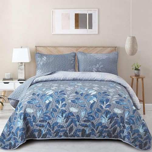 WONGS BEDDING Blue Quilt Set King Size,3 Pieces Navy Blue Floral Bedspread Coverlet Set with 2 Pillowcases,Soft Microfiber Lightweight Grayish Blue Gradient Floral Bedding Set 104×90