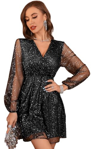 Floerns Women's Lantern Long Sleeve V Neck Mesh Cocktail Party Short Dress Without Belt Black Glitter L