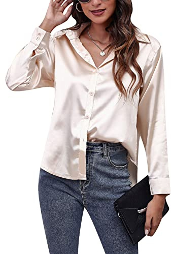 YMING Camisas De Manga Larga De Seda para Las Mujeres Elegantes Blusas De Satén De Color Sólido Casual Oficina Diaria Tops Básicos Beige L