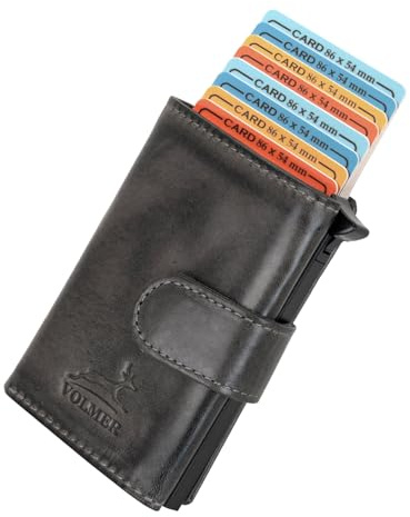 Fa.Volmer® - Porta carte pop-up in vera pelle, con/senza scomparto portamonete, unisex, max. 11 carte, protezione RFID, portafoglio VO24/31, 6 x 9,5 x 1,5cm, Contemporaneo