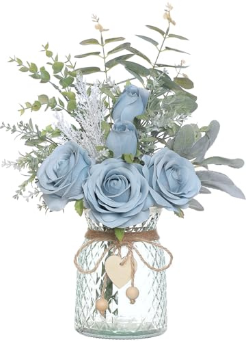 Flores sintéticas con jarrón, Rosas Artificiales de Seda en jarrón, Planta Falsa de eucalipto, arreglo Floral para el hogar, Oficina, Granja, baño, Mesa de Comedor, decoración de Mesa de café (Azul