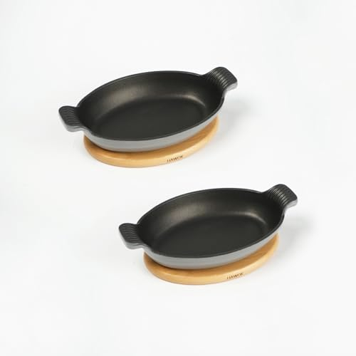 HAWOK Emaillierte Gusseisen-ovale Servierschale mit magnetischem Bambusuntersetzer, ovaler Servierheber mit Griffen, Gusseisen, ovale Auflaufform, ovale Auflaufform, 2er Set, Grau