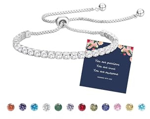 Fehki Silver Bracelet for Womens Silver Tennis Birthstone Dainty Crystal Zirconia Bracelets Birthday Christmas Valentine's Day Jewellery Gift for Mum Sisters Girlfriend