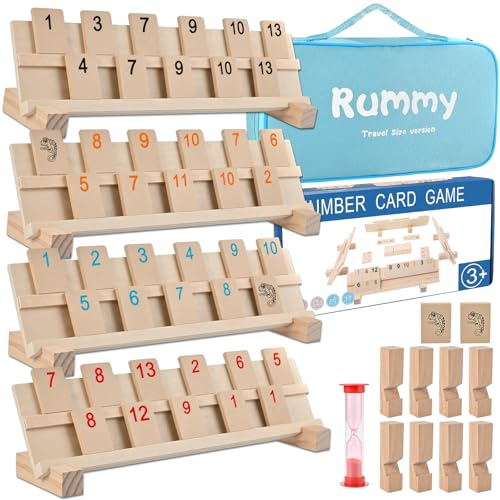 Wooderma Rummy Holzspiel - Gesellschaftsspiel Ab 6 Jahren Mit 106 Spielsteinen - Hochwertiges Brettspiel Für 2 Bis 4 Spieler - Legespiel Für Erwachsene Und Kinder