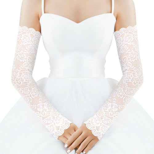 Qincycle White Lace Arm Sleeves for Women, Long Fingerless Lace Sleeves for Wedding Tea Party Pattern Engagement Dress