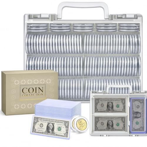 FULLCASE Coins Collector Case Holder Coin Capsules 46mm with 6 Sizes Foam Gasket (141 Pcs), Hard Paper Currency Sleeves (20 Pcs), Soft Dollar Bill Sleeves (200 Pcs) Storage Organizer Box (White)
