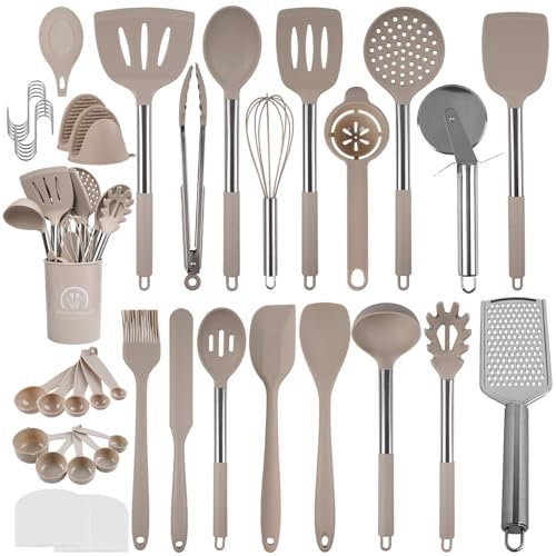 Hengsong Küchenutensilien,45 Küchenhelfer Set Edelstahl mit Pfannenwender,Silikonlöffel,Küchenschaber,für Koch Zubehör&Kochbesteck Set&Koch Geschenke&Kochutensilien Set,Khaki