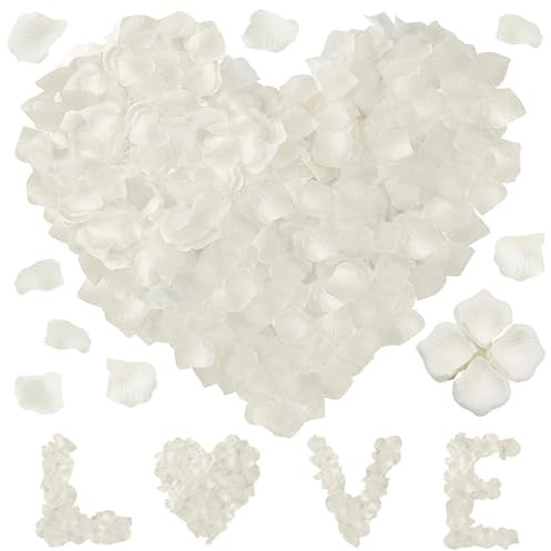 Lot de 1200 pétales de rose artificiels romantiques pour fête de mariage, Saint-Valentin, anniversaire, décoration de table, fête d'anniversaire - Blanc