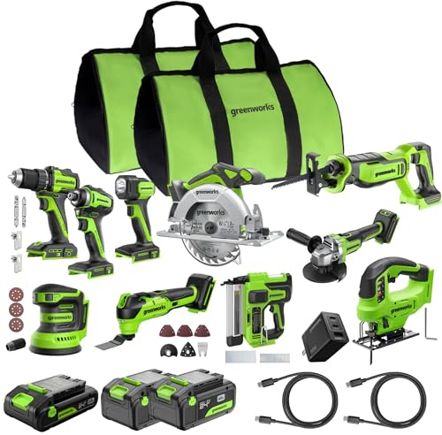 Greenworks 24V Brushless 10PC TOOL, Drill+Impact Driver+Circular Saw+Recip Saw+Jig Saw+Sander+Light+Multi-Tool+Nailer+Grinder (2) 4.0Ah+2.0Ah Batteries (24,000mAh PB) USB-C Charger, High Efficiency