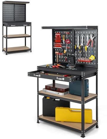 SOARS Banco da Lavoro, Organizer per Attrezzi in Metallo con 2 Pannelli Perforati con Kit di 14 Ganci, Cassetti e 2 Ripiani, Banchi da lavoro per Officina, Garage (Nero+Rosso, 81 X 41 X 156 CM)