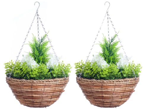 Pair Of Best Artificial White Hyacinth Flowers in 10 Inch Round Woven Hanging Baskets with Eucalyptus leaves and Conifer Centre
