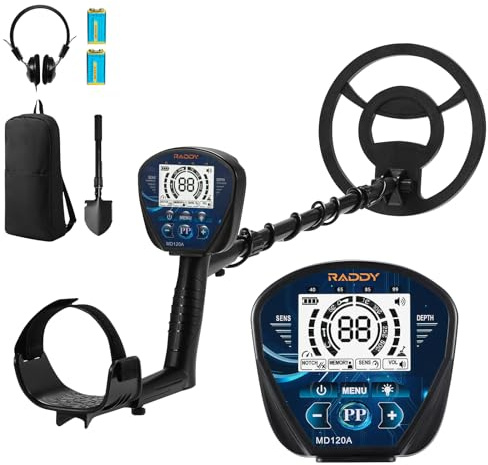 Raddy MD120A Détecteur de Métaux Professionnel pour Adultes, Haute Précision, 4 Modes, Bobine Étanche 10, Écran LCD Rétroéclairé, Casque, Sac et Pelle pour Chasse au Trésor