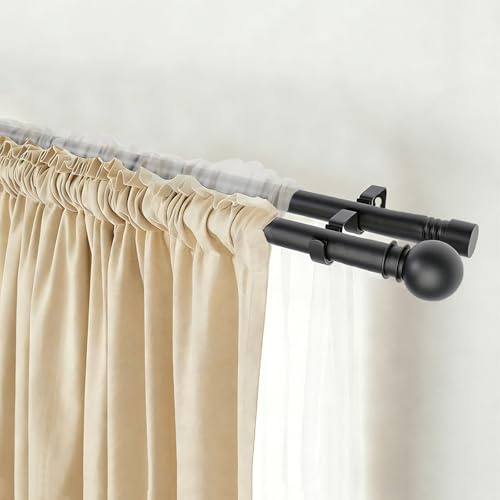 Double Curtain Rods for Windows 31-154 Inches, Black Curtain Rod Set with 2 Poles & Brackets, 5/8 Inch Diameter Metal Drapery Rod for Living Room, Bedroom,Kitchen,Bathroom