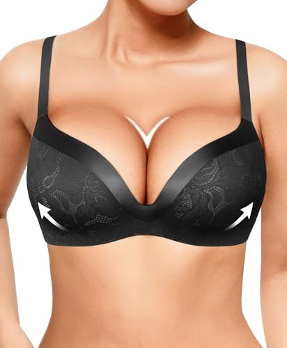 Wireless Bras with Support and Lift Push Up Lace Bra for Women No Underwire Deep V Bralettes Comfortable Bra 3D Molded Black