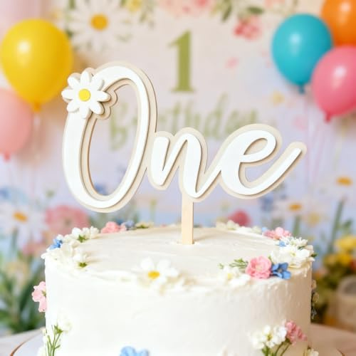 Wood Daisy One Cake Topper, Daisy First Birthday Cake Decorations, Double Layer White Acrylic One flower Cake Topper, Daisy 1st Cake Smash for Baby Boy Girl