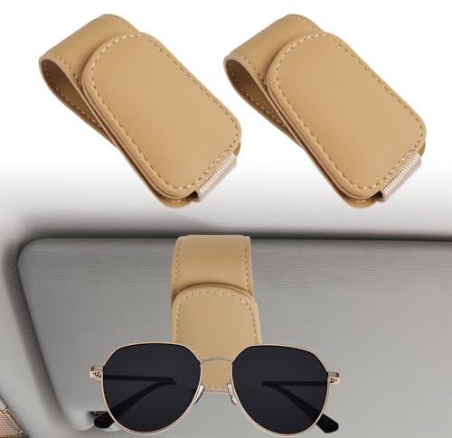 2 Piezas Soporte Gafas Coche, Beige Portagafas para Coche Universal, Clip Magnético de Cuero para Visera, Soporte para Gafas de Sol en Visera, Parasoles Estuche Compatible Tarjetas, Notas, Billetes