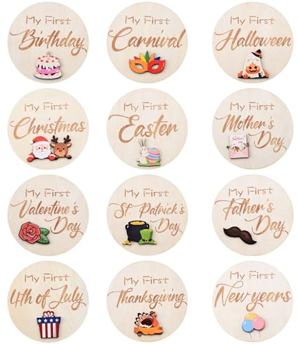 My First Holiday Milestone Cards, 12 Pcs 3D 3.9 Baby First Holiday Wood Sign Monthly Milestones for Baby Shower, Baby First Valentine's Day/St. Patrick's Day/Easter/Halloween/Hanksgiving/Christmas