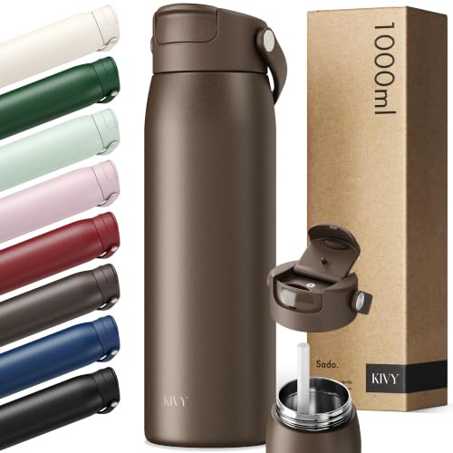 KIVY Botella de acero inoxidable de 1 l con pajita, termo de 1 litro, apta para lavavajillas, botella para gimnasio y fitness, botella térmica deportiva, botella de agua de acero inoxidable, aislada
