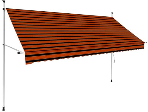 Qnhdfrt Auvent rétractable à la main, 300 cm, rayé, pour terrasse et jardin, protection solaire avec manivelle, store à bras articulé réglable en hauteur, orange et marron