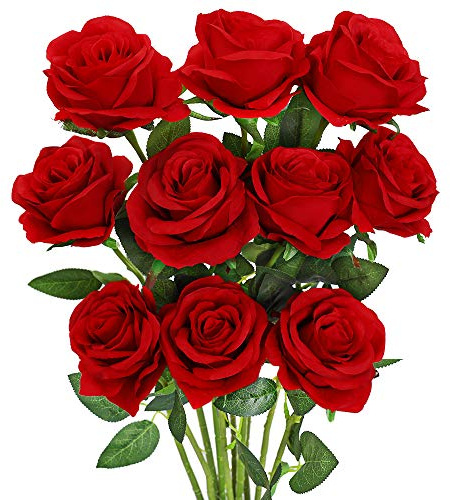 Luyue 10PCS Artificial Roses Flower with Stems Slik Fake Flowers Bouquet Realistic Long Stem Faux Rose for Valentines Day Wedding Home Decor
