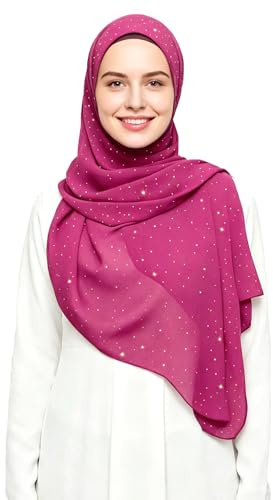 Lina & Lily Hijab Pañuelo Mujer Musulmana con Brillos Dorados Tela de Chifón Premium 72 x 190cm (Rosa Oscuro)